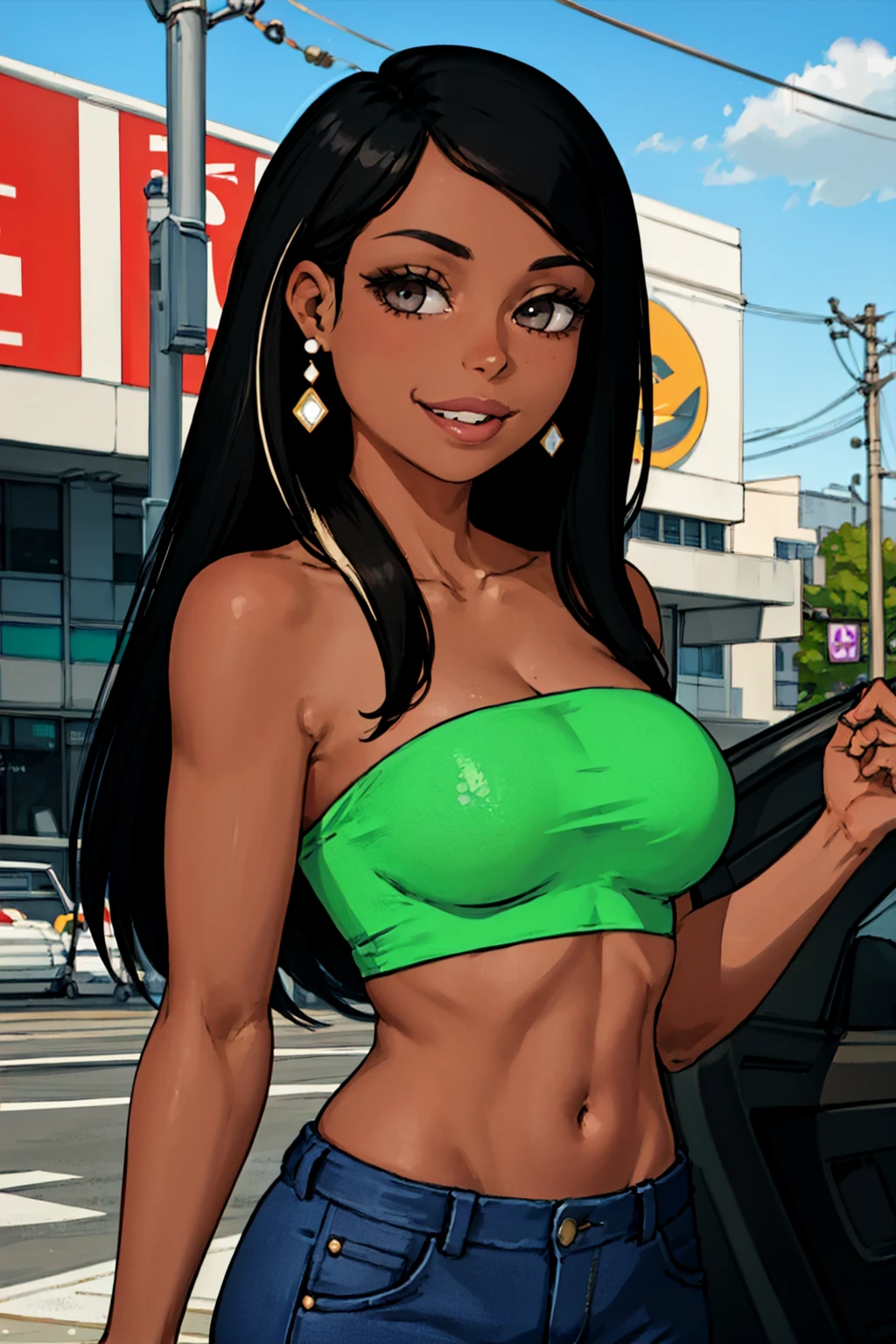 roberta, dark-skinned female, lips, 1girl, dark skin, black hair, long hair, solo, breasts,,upper body,looking at viewer, smile, standing, two-tone hair,earrings, jewelry,pants, crop top, tube top, <lora:Roberta(1.0):0.6> high quality, masterpiece,