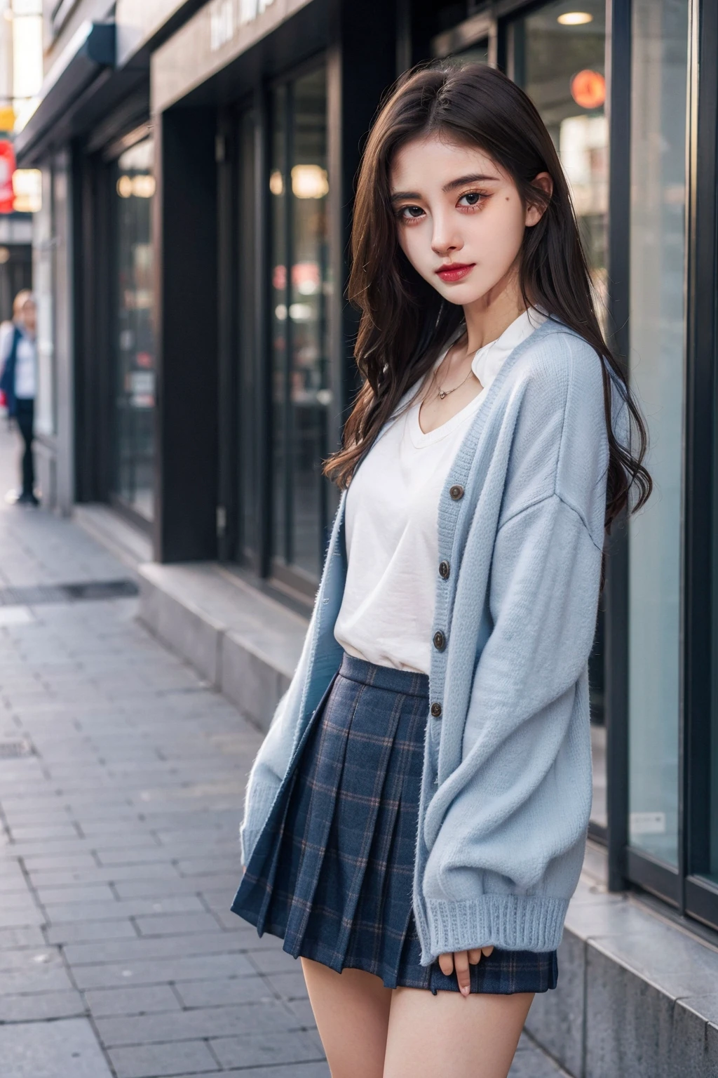 masterpiece,best quality,1girl,upper body,looking at viewer, standing,
school uniform, miniskirt,blue cardigan, plaid skirt,
brown hair, long hair,small breasts, narrow waist,
ginza,simple background, outdoors,street,
<lora:jingyi:0.5>