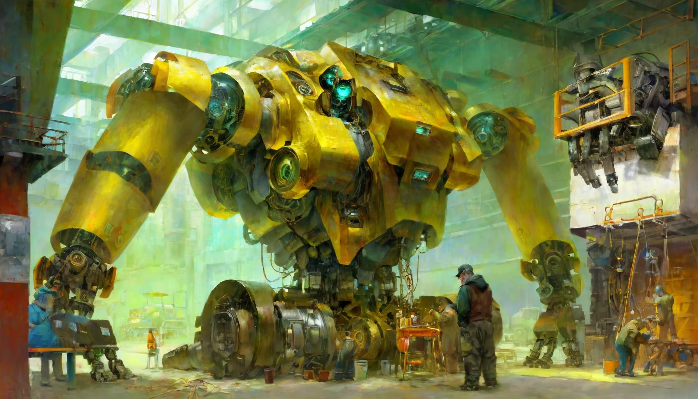 kerokeyart,
The huge robot in the maintenance station is surrounded by mechanics. Only the upper body of the robot is shown in the picture, which has a strong structure. There are scaffolding and robotic arms on the side.
Best quality and rich in detail <lora:kerokeyart :1>