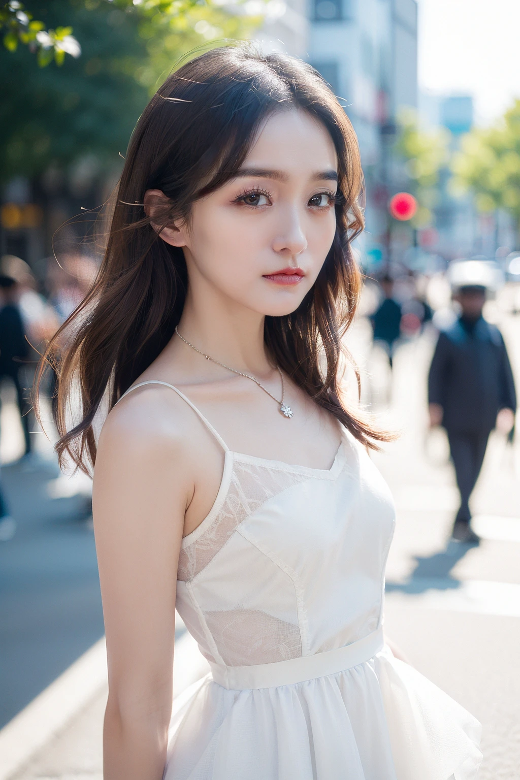 masterpiece,best quality,1girl,upper body,looking at viewer, standing,
white dress, short dress, princess tutu,
brown hair, long hair,small breasts,
necklace,ginza,simple background, outdoors,street,
<lora:hongshan:0.5>