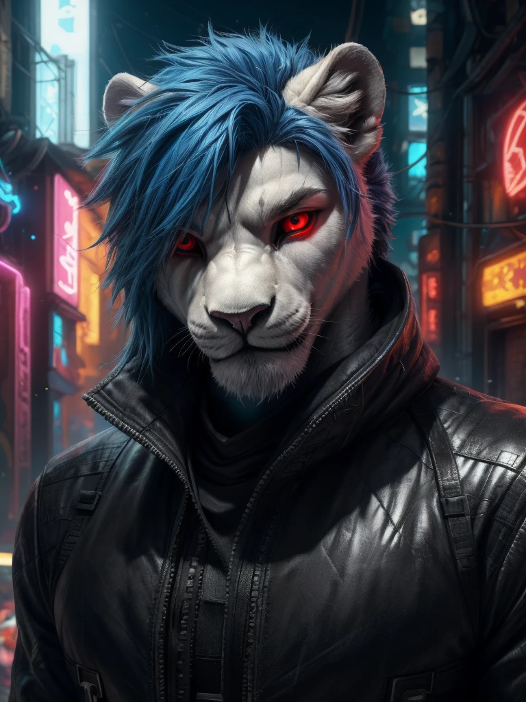 Masterpiece realistic, best ultra quality, perfect intricate details, RAW Photo, nice cinematic lighting, 4K, detailed background, male white lion, blue hair, red eye glow, assassin, black tech suit, pov camera, look at viewer, stare, cyberpunk, medium hairstyle, menacing, smile, buff