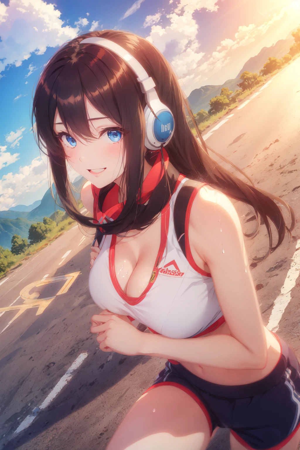 ((masterpiece, best quality)), 1girl, solo, blue eyes, brown hair, sexy attires, long hair, bangs, cleavage breasts, large breasts, tired, smile, outdoor, ((dawn, tied hair)), sunray streams, jogging, running, headphone, sweat, road, high, mountain side, tied hair, warm <lora:GoodHands-beta2:1>
