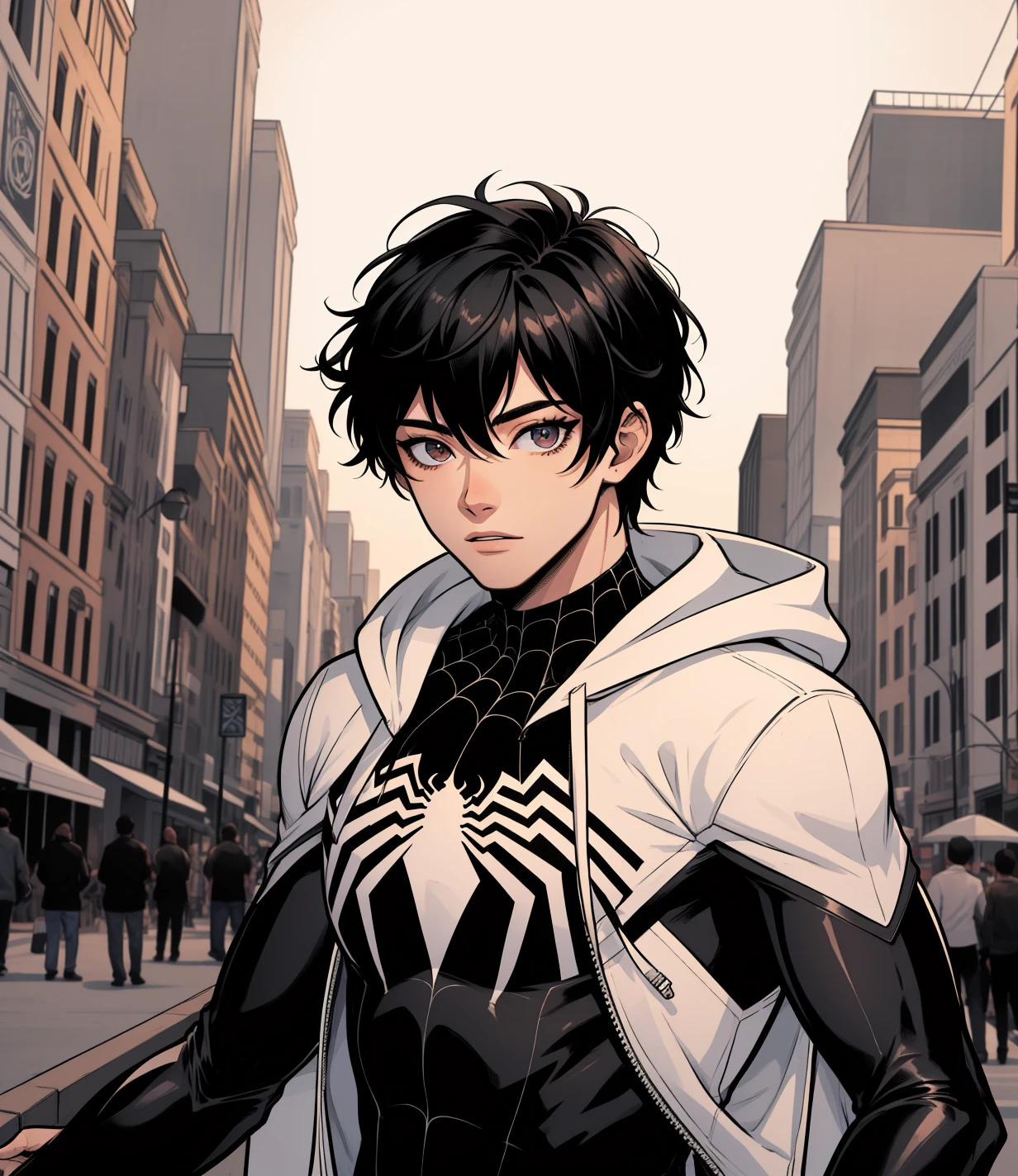 spider_oc, 1boy, black hair, hood, high collar, white hoodie, city, looking at viewer, upper body, solo, <lora:spider_oc-06:1>