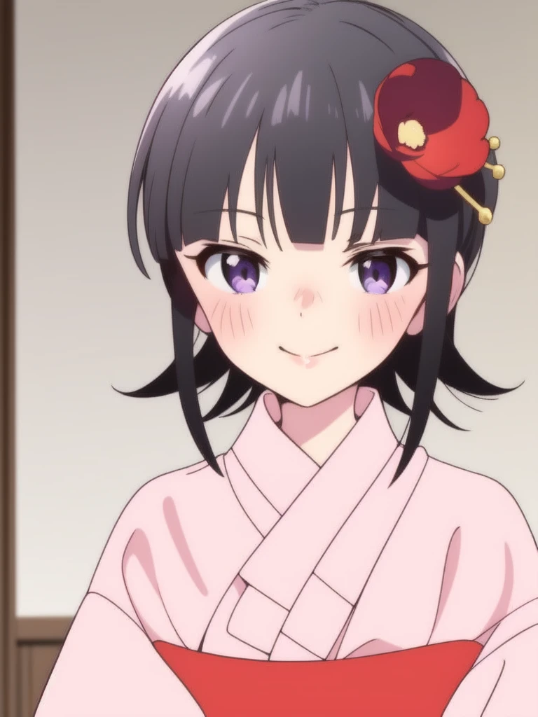 <lora:Suzu:1> Suzu, 1girl, solo, japanese clothes, hair ornament, purple eyes, kimono, flower, black hair, hair flower, short hair, smile, pink kimono, blush