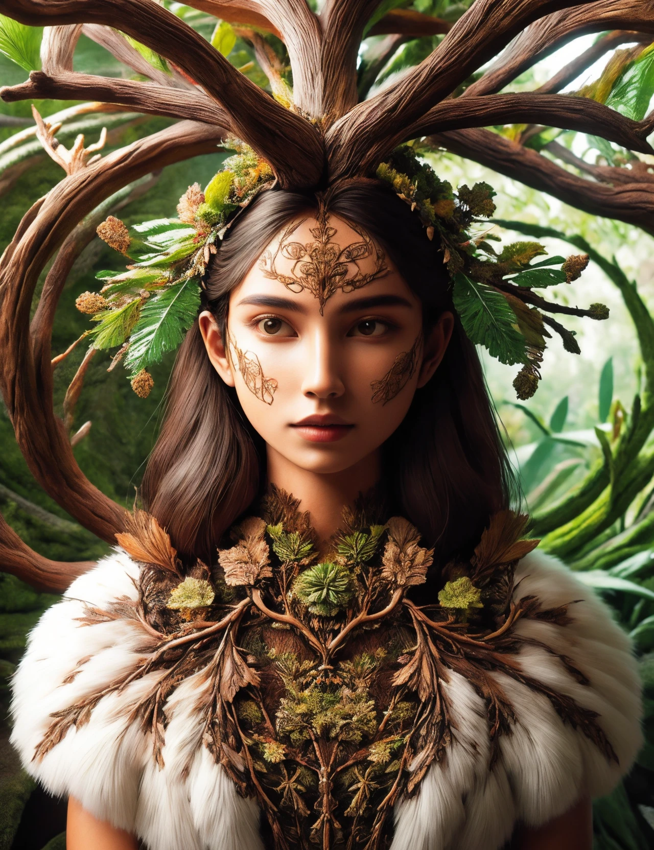 hyper detailed masterpiece, dynamic, awesome quality, DonMR31nd33r, nymph, plant hybrid,plant-based humanoid, alluring appearance, floral elements, green leaf-like bark-like skin, vines and roots as hair, varied and mystical attire, mesmerizing or hypnotic eyes, plant-based accessories or ornaments <lora:DonMR31nd33r:0.8>