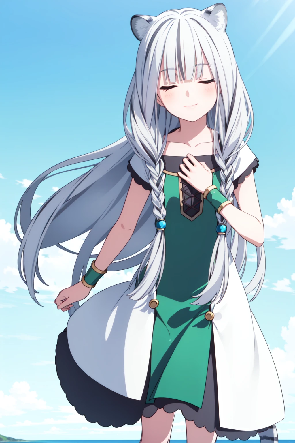 ((masterpiece)), (best quality), (ultra-detailed), photorealistic, (best illustration), ((an extremely delicate and beautiful)), 1girl, solo, long hair, tiger ears, [:tiger tail under:0.2], white hair, two-tone hair, feet out of frame, white dress, (green dress:1), multicolored dress, cross-laced, standing, closed eyes, smile, black skirt, short sleeves, detailed scenery, blue sky, horizon, low twin braids, twin braids, hair ornament, bracelet, (hand on own chest:0.9), blush<lora:atla_nai_4:0.8:lbw=INS_MIDD>