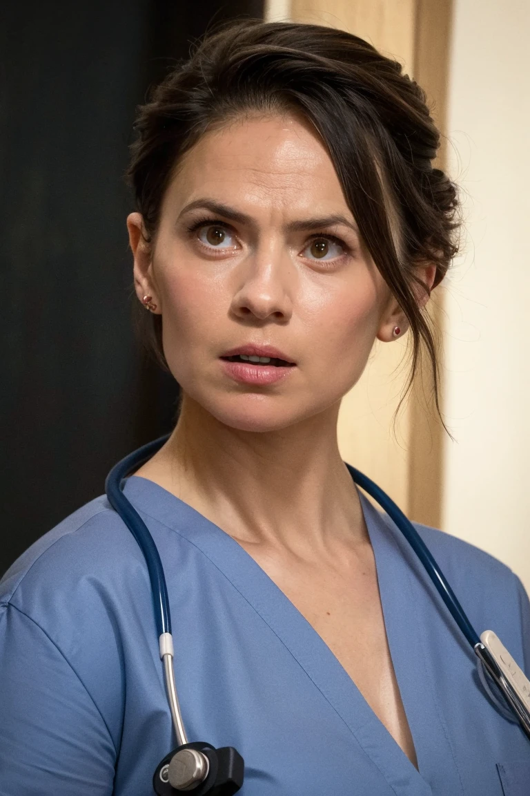 face, woman, nurse, scrubs, hospital background, worried expression, pixie cut, soft colors, (high detailed skin:1.1) <lora:hayley_atwell_lora_v01:1> haywell