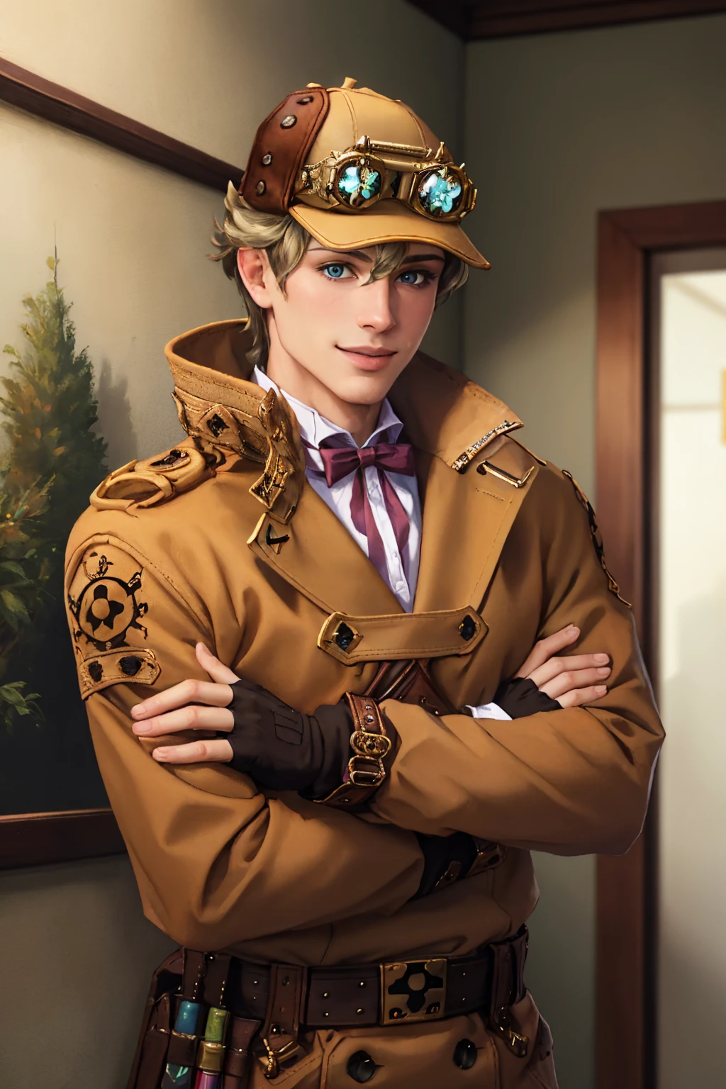 (masterpiece, best quality:1.2), solo, male focus, 1boy, gaasholmes, smile, looking at viewer, hat, goggles on headwear, green eyes, coat, long sleeves, fingerless gloves <lora:gaa_herlocksholmes-17:1>
