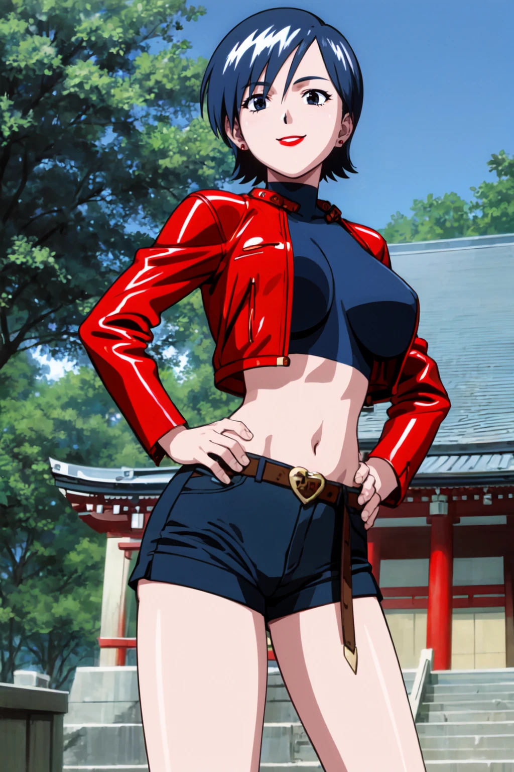 mikictr, 1girl, solo, stud earrings, lipstick, red jacket, cropped jacket, crop top, belt, shorts, hands on hips, midriff, lipstick, navel, blue shorts, black eyes, cowboy shot, short shorts, long sleeves, 1990s (style), retro artstyle, open jacket, smile, closed mouth, tree, forest, shinto temple  <lora:mikictr_V5-10:0.7> <lora:GoodHands-vanilla:1>