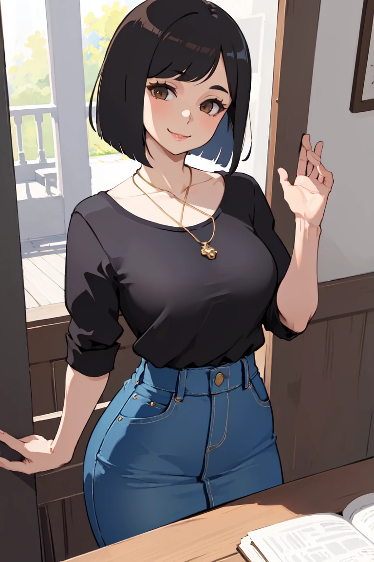 ((masterpiece,intricate details)),1girl,mature female,bob cut,brown eyes,smile,,
Classic denim midi skirts
((upper body))