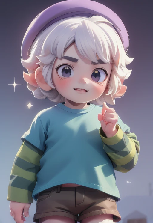 bsgus ,boy , sleeves , blue shirt , shorts , white hair ,Striped sleeves , headwear ,<lora:bsgus:0.9> , smille , upper body, masterpiece, best quality