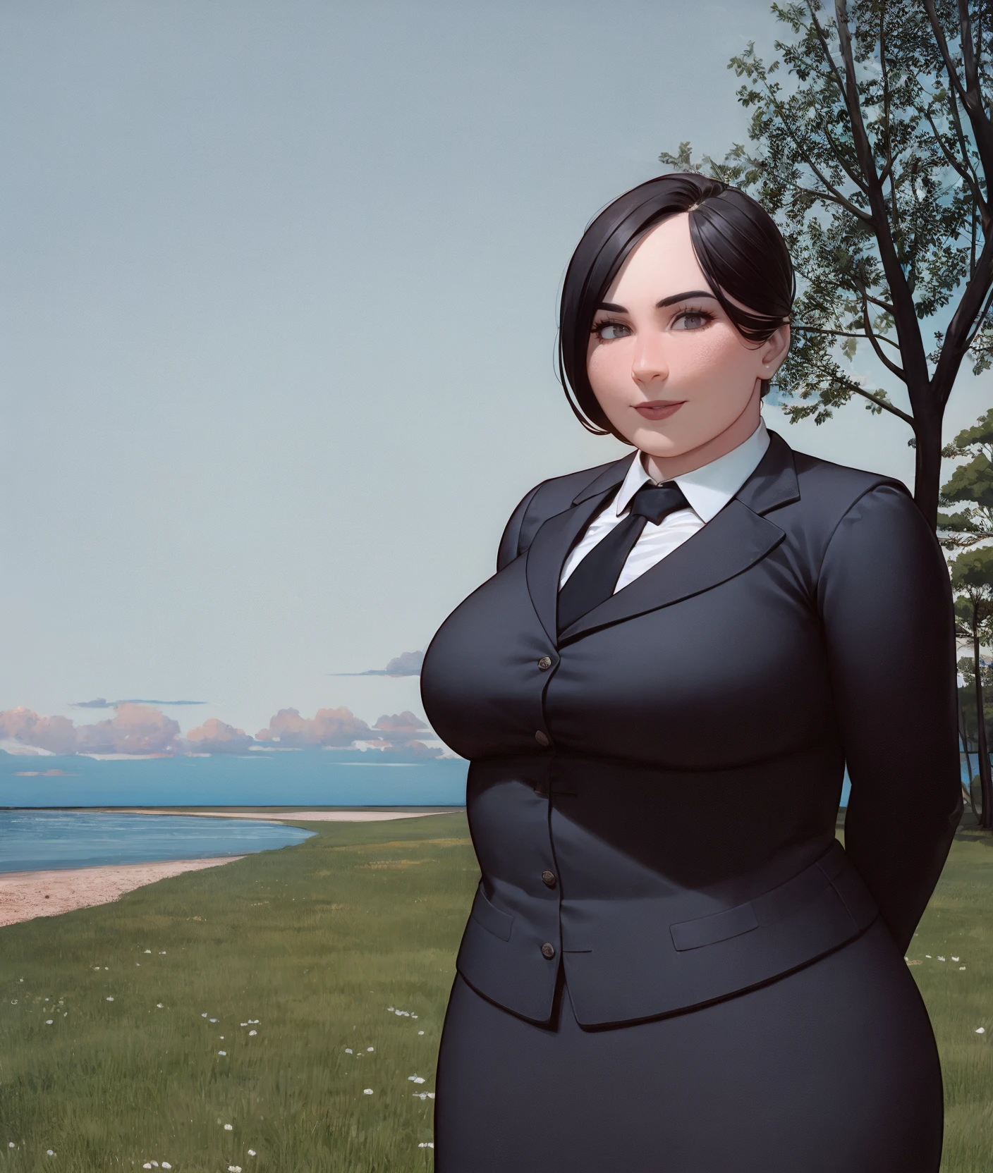 (high_aesthetic:1.2), art by betterwithsalt, art by ekusupanshon, beach, (Albrecht Anker art style),
plump, masterpiece, impressionism, 1girl, solo, mature female, dress, cloud, sky, forest, (upper body), looking at viewer, smile, arms behind back, necktie