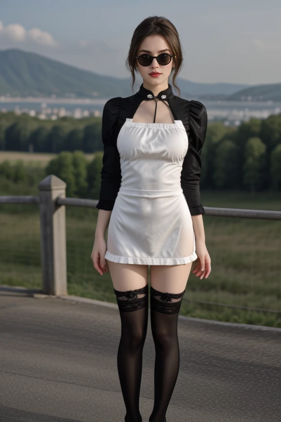 1 girl, detailed, beautiful, cute, full body shot, scenic view, professional photo
<lora:Sexy Apron By Stable Yogi:0.8> black cross laced apron, side slit, frills, thighhighs, sunglasses