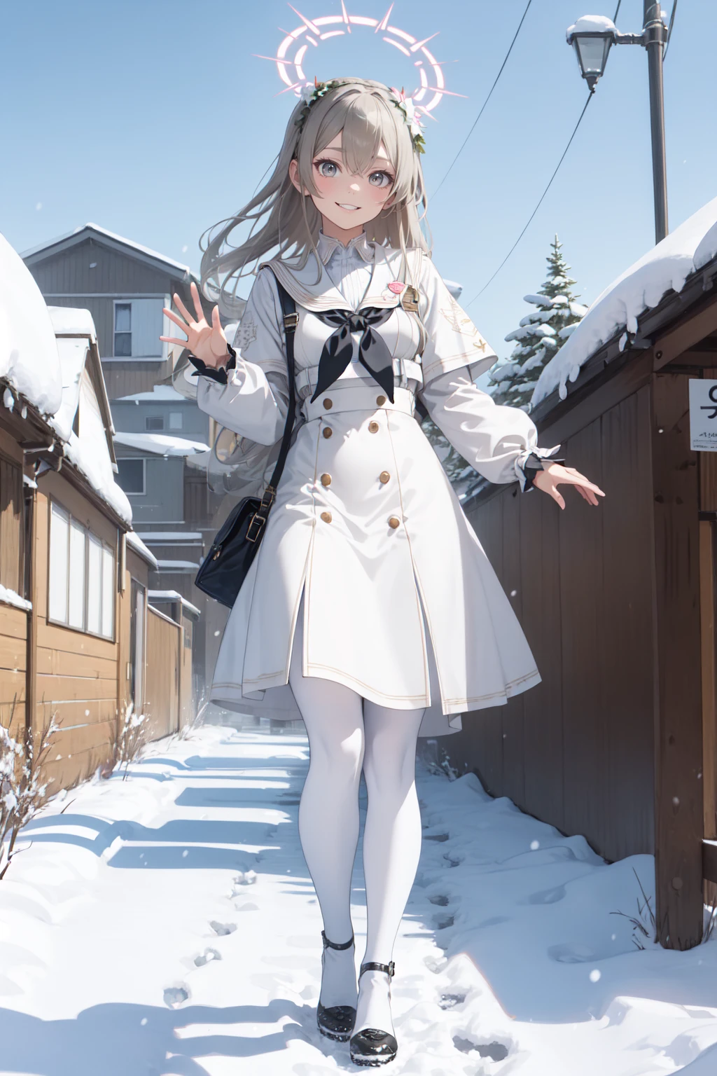 (masterpiece:1.3), (absurdres:1.3), (best quality:1.3), (ultra-detailed:1.3), snow, outdoors, full body, waving, smile, 1girl, nagisa-fi, halo, <lora:nagisa-fi-09:1>, white wings, long sleeves, white dress, sailor collar, capelet, white skirt, black pantyhose, white high heels,