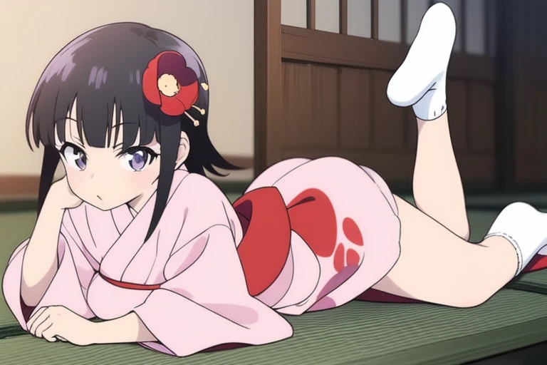 (beste-Qualit, 8K, 12), 1 girl, kaguya, black hair, the perfect body, ultra detail face, detailed lips, Excited, convex areolas, (((very small and pointy boobs))), red eyes, (nude), ashamed, from above, kneeling, mans pov, nipples, bed, (hair tied with a red ribon), ((breasts squeezed together:1.6))