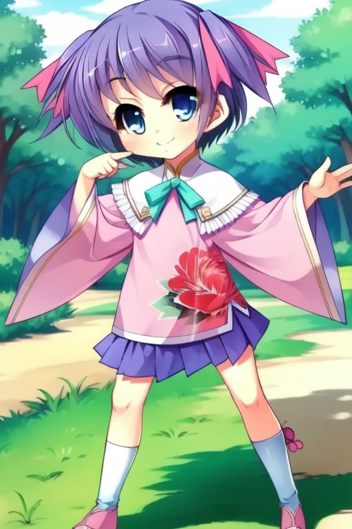 <lora:Riri:1> Riri, 1girl, solo, blue eyes, purple hair, smile, skirt, short hair, full body, ribbon, socks, shoes, pink footwear, flower, twintails, wide sleeves, floral print, two side up, hair ribbon, white socks, standing, looking at viewer, pleated skirt, long sleeves, blush, child, forest,
((((masterpiece)))), high quality, very_high_resolution, large_filesize, full color
