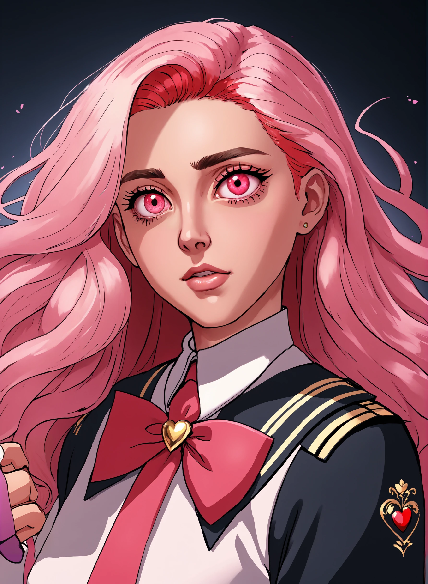 (masterpiece, best quality, ultra-detailed, highres, best illustration),perfect face, ((solo, solo focus)),sidelighting, lustrous skin,(bloom), (shine), ray tracing,1girl, symbol-shaped pupils, heart-shaped pupils, heart, solo, pink hair, hair ornament, crazed expression, long hair, blush, drooling, pink eyes, school uniform, long sleeves, looking at viewer, nail polish, red eyes, ribbon,depth_of_field,very detailed background,extreme light and shadow,(detailed eyes), perfect lighting , perfect anatomy,(extremely detailed illustrated 8k wallpaper),(masterpiece), (best quality), (ultra-detailed), (best illustration),(best shadow) , vivid colors, ((Revolutionary Girl Utena))