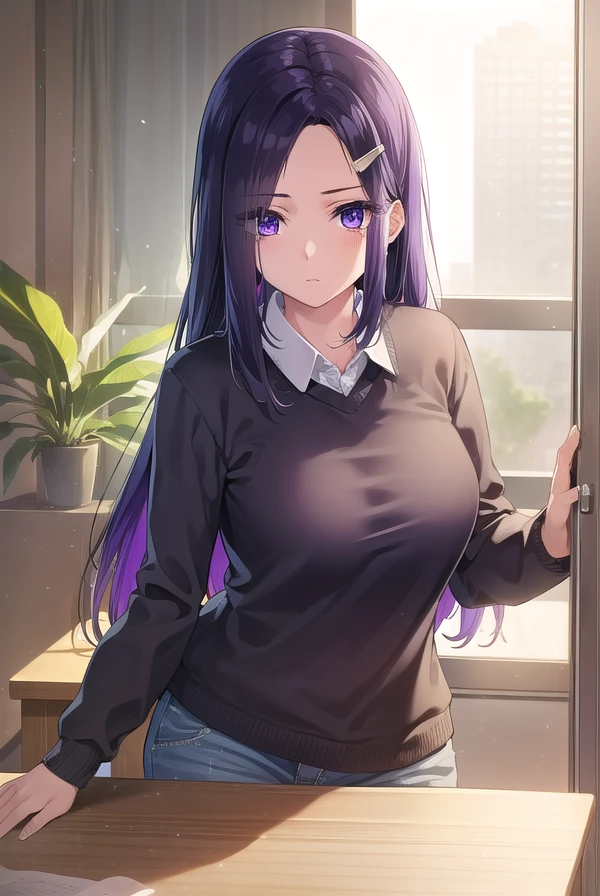 sayuriakino, <lora:sayuri akino manga-lora-nochekaiser:1>,
sayuri akino, long hair, hair ornament, hairclip, purple hair, (purple eyes:1.1), (forehead:1.2),
BREAK shirt, white shirt, collared shirt, sweater, black sweater,
BREAK indoors, classroom,
BREAK looking at viewer, (cowboy shot:1.5),
BREAK <lyco:GoodHands-beta2:1>, (masterpiece:1.2), best quality, high resolution, unity 8k wallpaper, (illustration:0.8), (beautiful detailed eyes:1.6), extremely detailed face, perfect lighting, extremely detailed CG, (perfect hands, perfect anatomy),