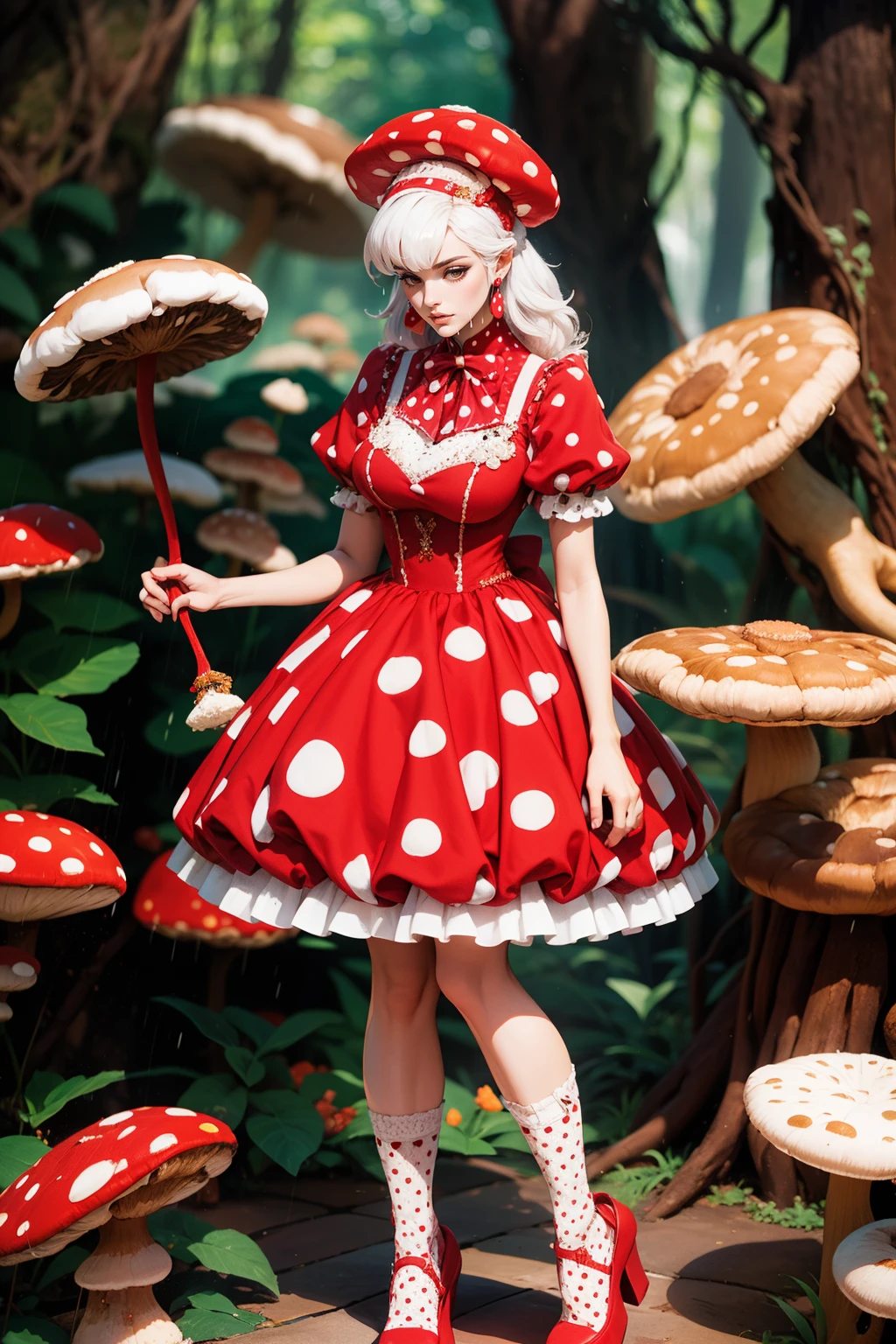 masterpiece, best quality, high quality, woman, <lora:detail_slider_v4:3>  <lora:age_slider_v2:3> <lora:mushydress:0.8> mushydress, dress, standing, full body, short sleeves, frills, puffy sleeves, red bow, puffy short sleeves, red dress, polka dot, white socks, red footwear, mushroom, platform footwear, polka dot dress, polka dot legwear, forest, rain, mushrooms, long hair, white hair,