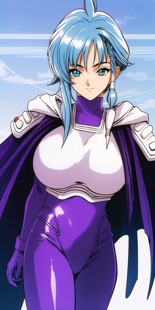 <lora:aoi_karinV1:.9> aoi_karin, huge_breasts, standing, solo, Purple_bodysuit_White_Pauldrons_White_breastplate_Asymmetrical_legwear_White_thighhighs_hood_down_Purple_Cape, masterpiece, best quality, detailed face, detailed eyes, highres,