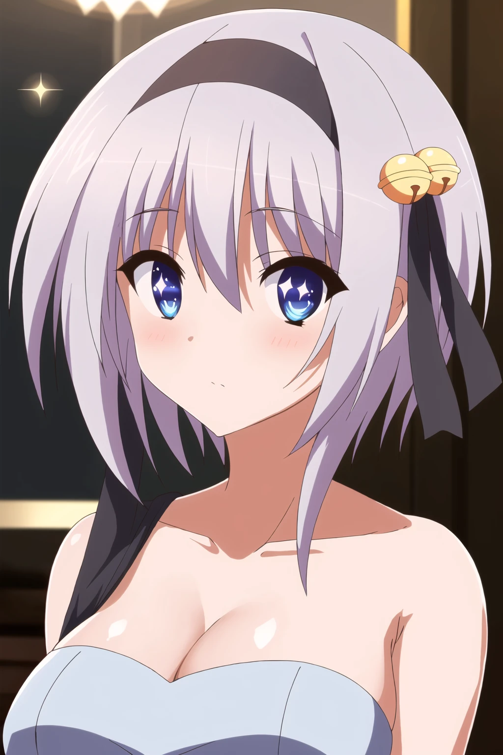 best quality,masterpiece,looking at viewer,huge filesize,full body,
depth of field,1girl, <lora:006-æ¶åæç©ºçæ¡¥-æ¥åä¼å¹V2:0.7> ,hinata ibuki,short hair,ribbon,hairband,blue eyes,hair ribbon,hair ornament,bell,grey hair, Embellished Strapless Ball Gown with Sparkling Crystals,