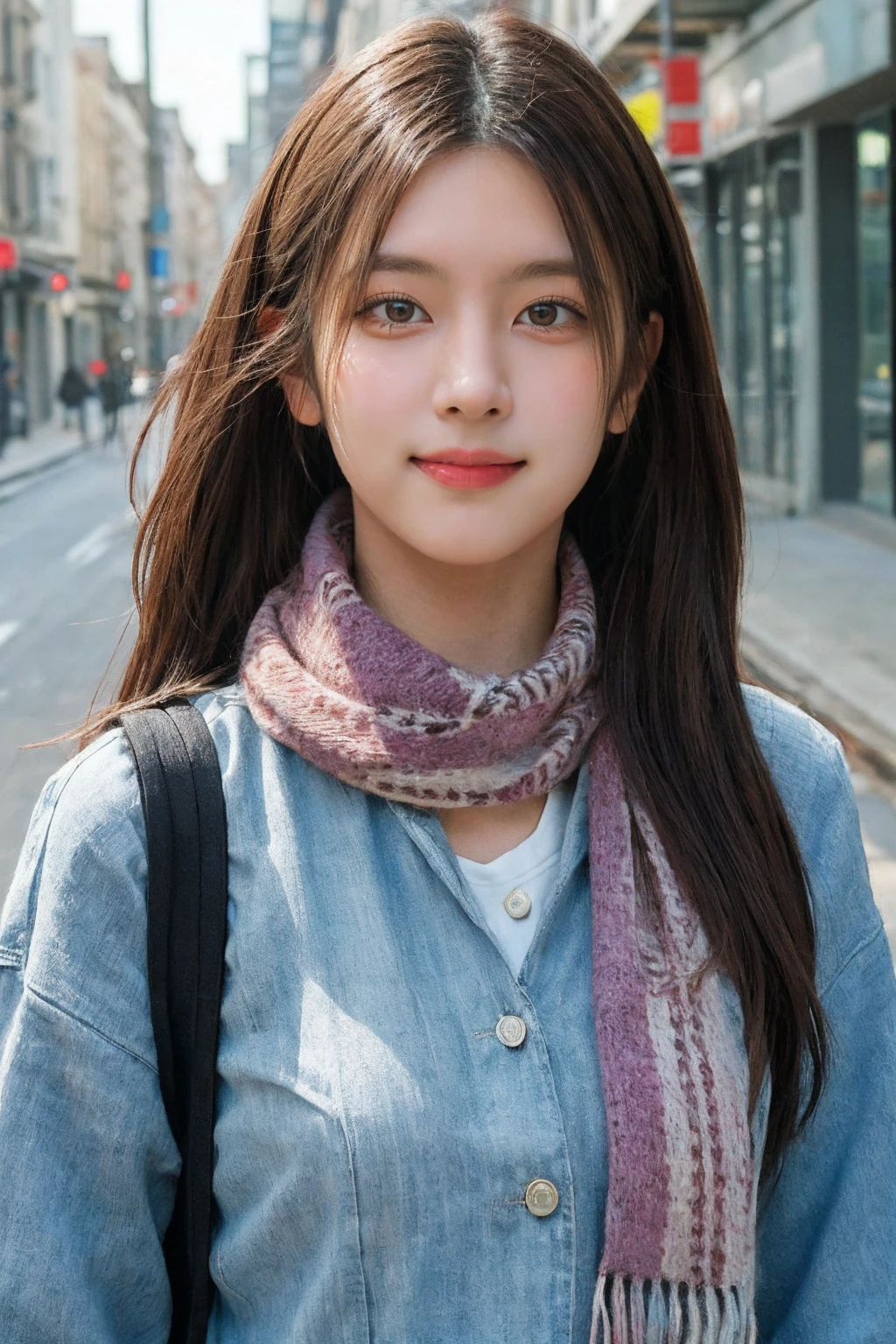 1girl, realistic, ((Masterpiece, best quality,edgQuality)), smug,smirk, edgADC_fashion, a woman with a scarf on is walking down the street ,wearing edgADC, <lbm=FACES>