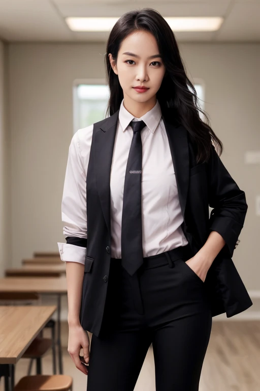 1girl, realistic, ((Masterpiece, best quality,edgQuality)), smug,smirk, edgADC_fashion, long hair, blonde hair, shirt, standing, jacket, full body, necktie, pants, indoors, vest, high heels, black pants, hands in pockets ,wearing edgADC, <lbm=FACES>