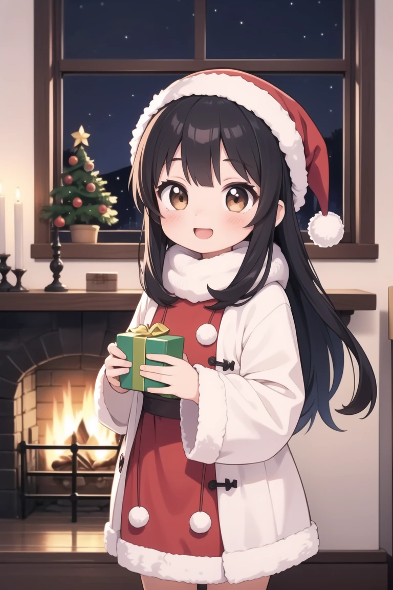 masterpiece, best quality, ultra detailed, anime style, 1girl, young, cute, wavy hair, medium long hair, black hair, brown eyes, christmas costume, indoor, chimney, winter, night, warm colors, beautiful face, happy
