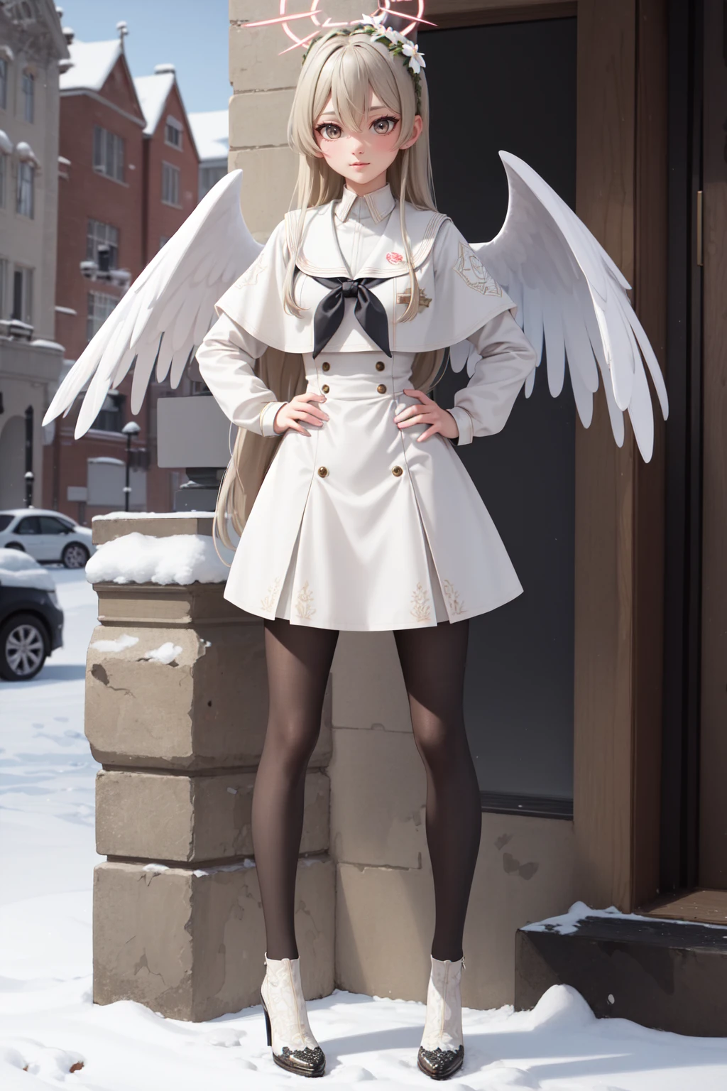(masterpiece:1.3), (absurdres:1.3), (best quality:1.3), (ultra-detailed:1.3), snow, outdoors, full body, hand on hip, 1girl, nagisa-fi, halo, <lora:nagisa-fi-09:1>, white wings, long sleeves, white dress, sailor collar, capelet, white skirt, black pantyhose, white high heels,
