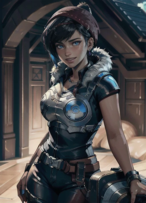 highres, 8k, 4k,hdr, soft light, ((best quality)), ((masterpiece)), (detailed), 1girl, 2 red braids with jewelry,beanie,black hair, blue eyes, earrings, female focus, kait diaz,realistic, solo, <lora:KaitDiazV2.5:0.8>, smiling, teeth, gears of war armor, fur trim, shirt, pants, short sleeve