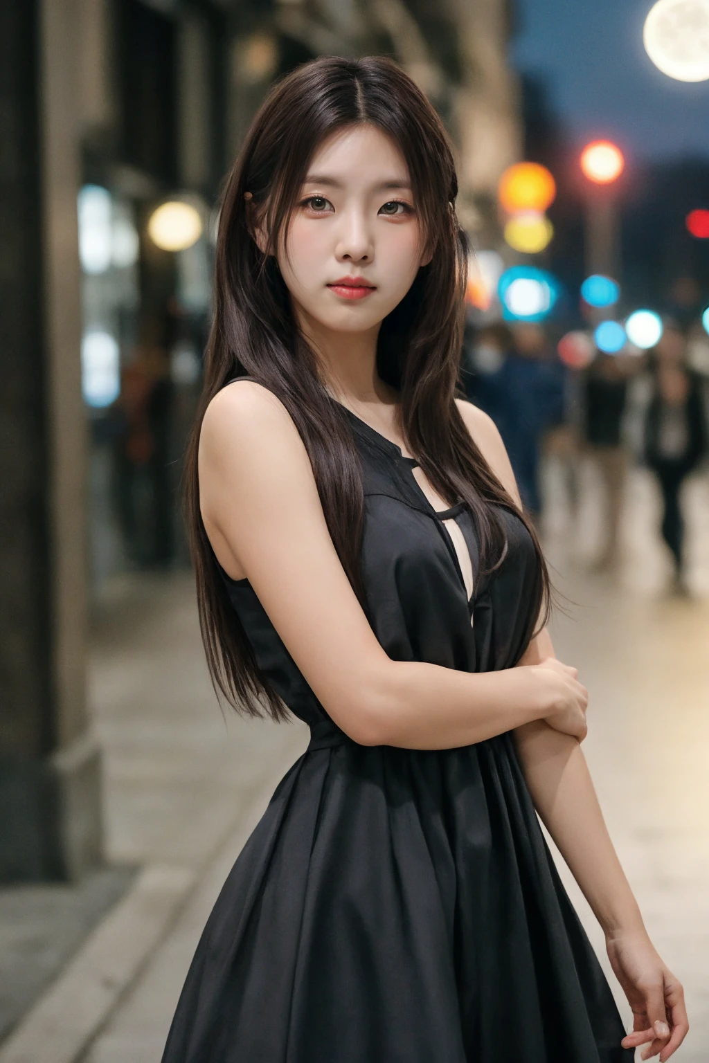 ((upper body:1.2)), nikon RAW photo, 8 k, long hair, Fujifilm XT3,masterpiece, best quality, realistic, photorealistic, ultra detailed, extremely detailed face, solo,1girl, standing, fashionable and trendy atmosphere, and a stylish expression on her face, close up, black dress, walking, at the dark streets, moonrise, sleeveless, fabric clothes,<lbm=FACES>