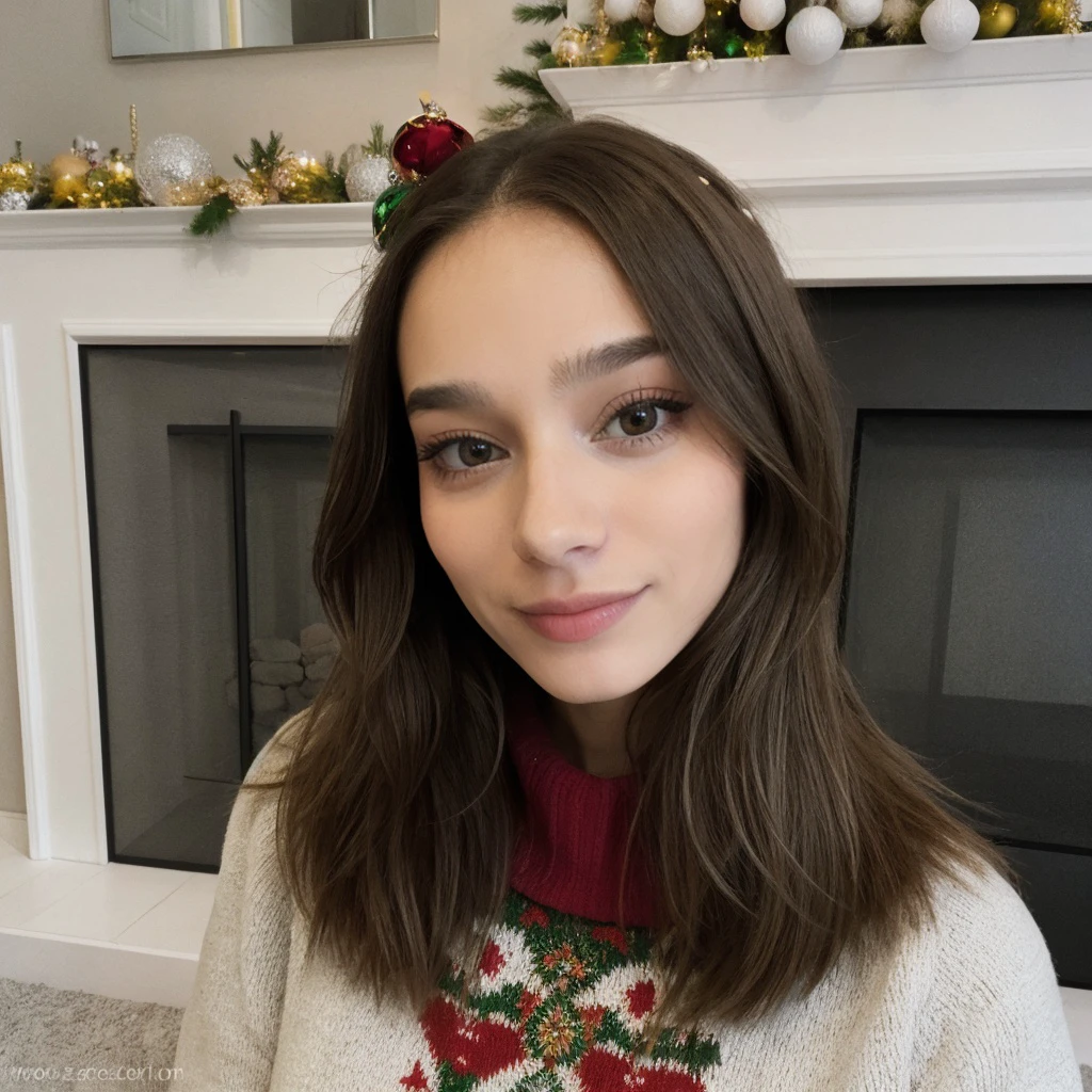 <lora:SeltiOF_sd15_512_128_64_v1:1> SeltiOF, 1girl adult, close up portrait picture of face, wearing a christmas sweater, christmas decoration cozy fireplace in background,