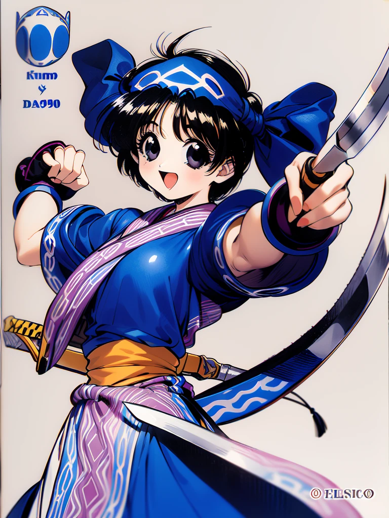 <lora:Rimururu:1> Rimururu, 1girl, ainu clothes, solo, retro artstyle, 1990s (style), black hair, weapon, knife, gloves, black eyes, white background, fingerless gloves, reverse grip