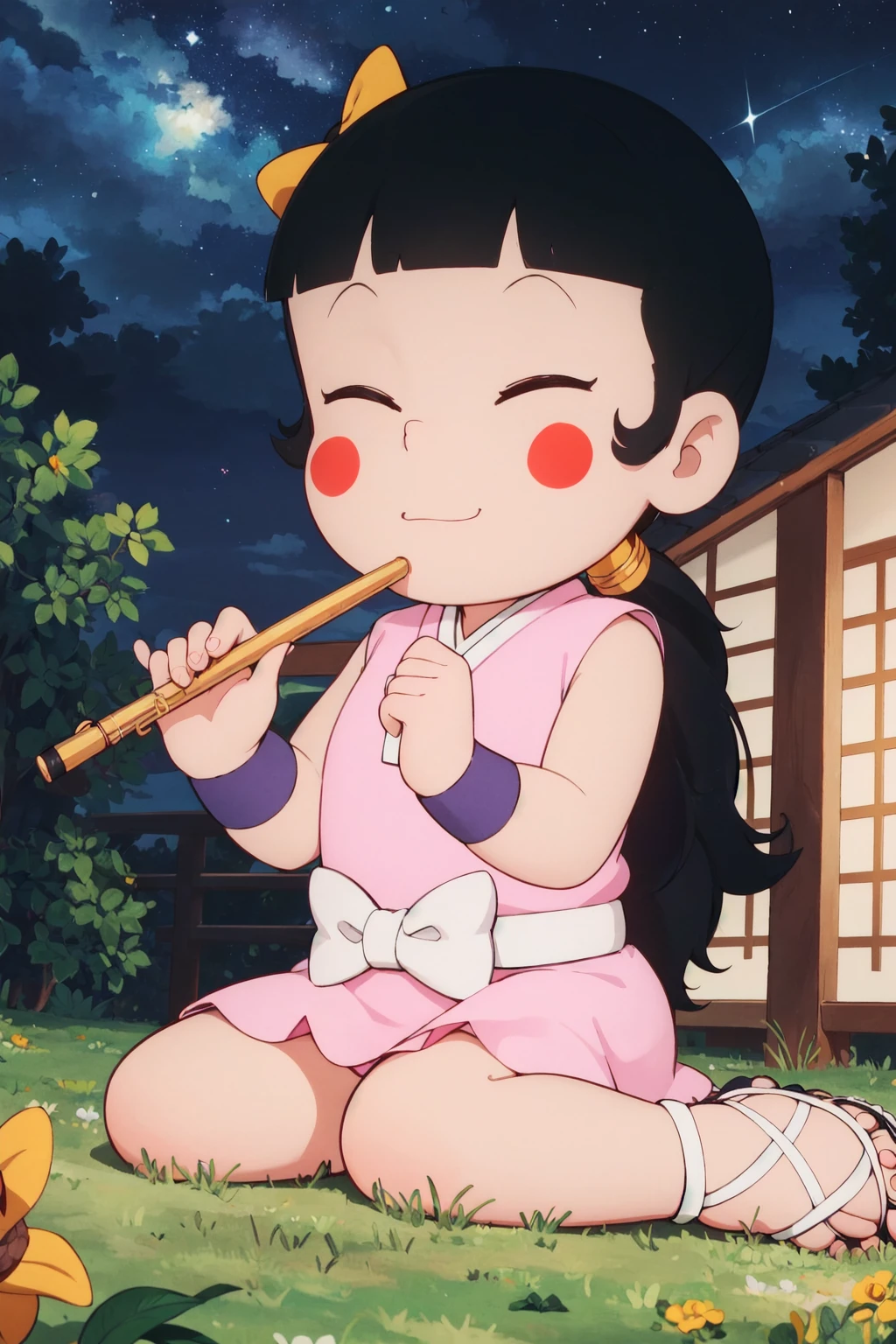 <lora:njtsubasa:1>,njtsubasa,1girl,solo,instrument,sandals,black hair,night,closed eyes,music,sitting,flute,playing instrument,sky,blush stickers,long hair,star (sky),night sky,ponytail,outdoors,bangs,japanese clothes,starry sky,bush,blunt bangs,bow,sleeveless,ninja,holding,building,