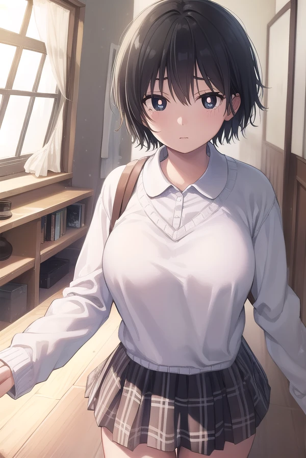 tsubomiharuno, <lora:tsubomi haruno manga-lora-nochekaiser:1>,
tsubomi haruno, short hair, black hair, (black eyes:1.5), (bright pupils:1.5),
BREAK skirt, plaid, plaid skirt, sweater, long sleeves, shirt, white shirt, collared shirt, (white sweater:1.5),
BREAK indoors, classroom,
BREAK looking at viewer, (cowboy shot:1.5),
BREAK <lyco:GoodHands-beta2:1>, (masterpiece:1.2), best quality, high resolution, unity 8k wallpaper, (illustration:0.8), (beautiful detailed eyes:1.6), extremely detailed face, perfect lighting, extremely detailed CG, (perfect hands, perfect anatomy),