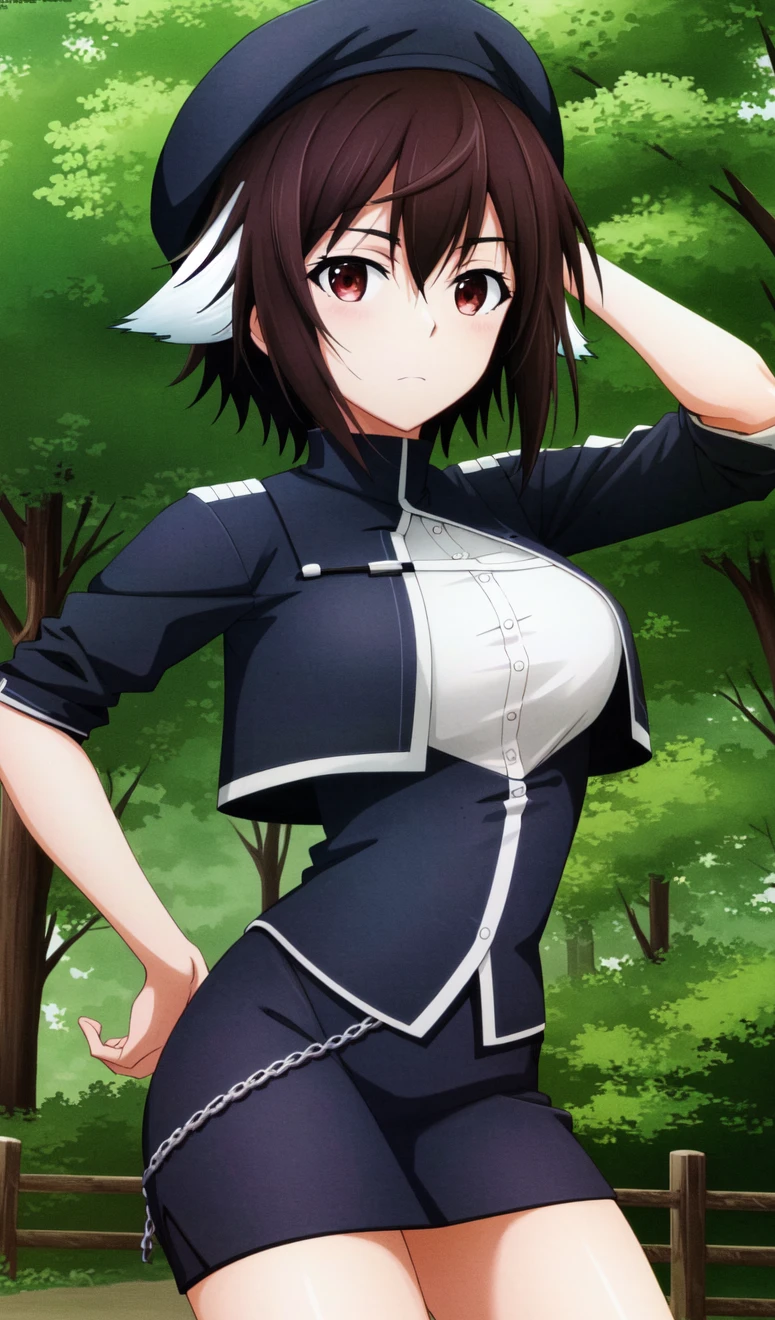 (extremely detailed CG unity 4k wallpaper),(masterpiece),(best quality),(ultra-detailed),(best illustration),(best shadow),(absurdres),(detailed background), <lora:OGT_Lyne_Mei-v1:0.8> Lyne Mei, 1girl, solo, short hair, brown hair, brown eyes, looking at viewer, upper body, closed mouth, blue headwear, animal ears, breasts