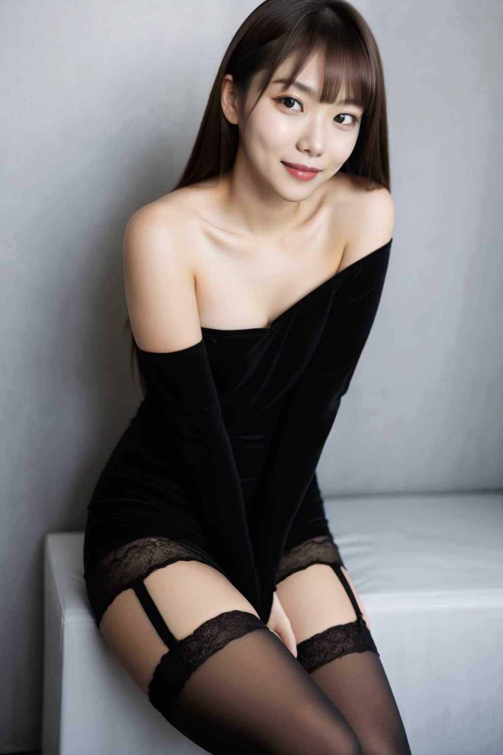 ((different clothes)), (Petite) ,(low angle), (posing to viewer), portrait photo of a 18 years old girl, brown hair, sitting, skinny legs, (see-through transparent thigh high stockings, transparent pantyhose),