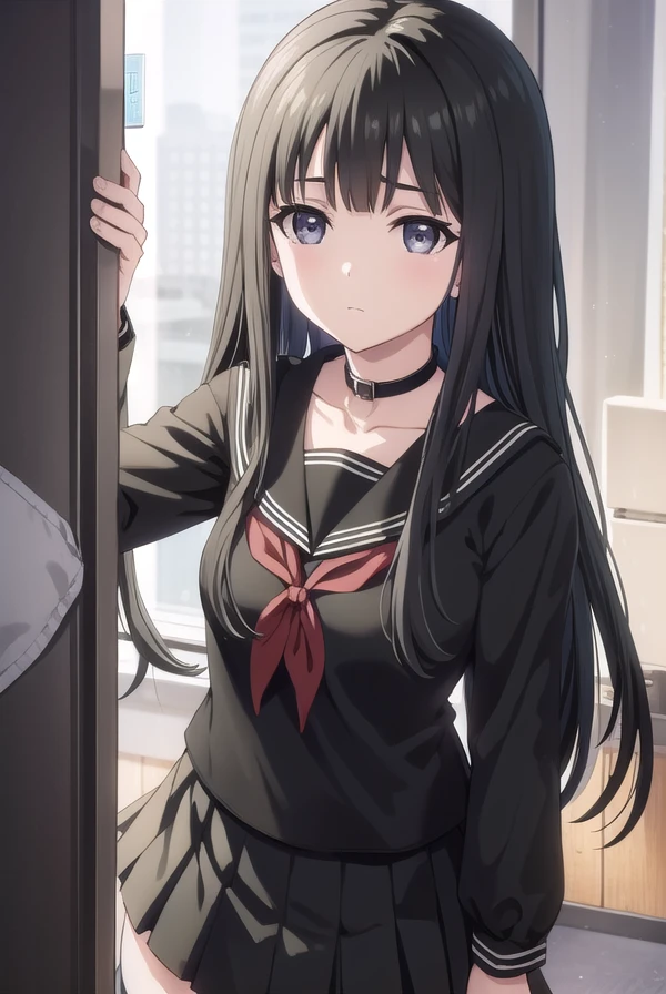 rinnebyakuya, <lora:rinne byakuya ova-lora-nochekaiser:1>,
rinne byakuya, long hair, bangs, black hair, (black eyes:1.5), blunt bangs,
BREAK skirt, thighhighs, long sleeves, school uniform, serafuku, choker, black thighhighs, black skirt, collar, zettai ryouiki, black serafuku,
BREAK indoors, classroom,
BREAK looking at viewer, (cowboy shot:1.5),
BREAK <lyco:GoodHands-beta2:1>, (masterpiece:1.2), best quality, high resolution, unity 8k wallpaper, (illustration:0.8), (beautiful detailed eyes:1.6), extremely detailed face, perfect lighting, extremely detailed CG, (perfect hands, perfect anatomy),