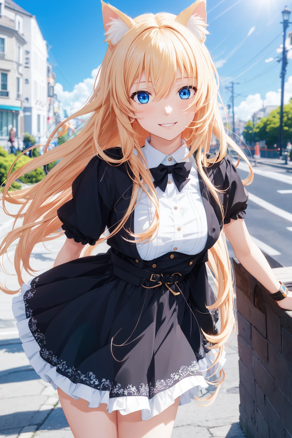cat girl, fake cat ear, 1girl, top half body, breasts, looking at viewer, blushes, blue eyes, long hair, blonde hair, smile, daytime, sun rays, outside, black and red dress, leaning, depth of field, (blurry background:1.5) <lora:GoodHands-beta2:1>, portrait of an anime person, aesthetic, wlop, trending on artstation, deviantart, anime key visual, 8k uhd