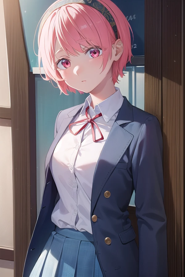 renanatsukawa, <lora:rena natsukawa manga-lora-nochekaiser:1>,
rena natsukawa, short hair, hairband, pink hair, (red eyes:1.3), red hairband,
BREAK skirt, shirt, jacket, collared shirt, neck ribbon, jacket on shoulders, white shirt, cardigan, blue cardigan, blue jacket,
BREAK indoors, classroom,
BREAK looking at viewer, (cowboy shot:1.5),
BREAK <lyco:GoodHands-beta2:1>, (masterpiece:1.2), best quality, high resolution, unity 8k wallpaper, (illustration:0.8), (beautiful detailed eyes:1.6), extremely detailed face, perfect lighting, extremely detailed CG, (perfect hands, perfect anatomy),