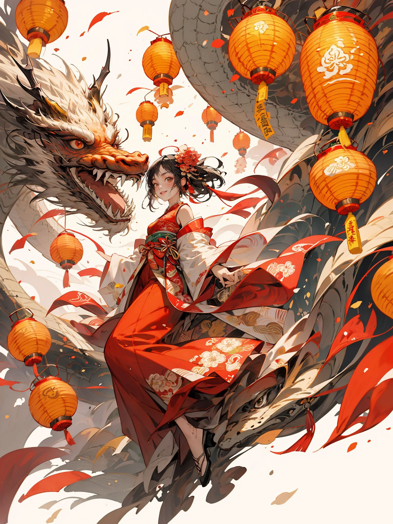 <lora:loraçåç³»åââé¾ä¸å°å¥³_æ°æ¥1.0:0.6>,1girl,(eastern_dragon:1.2),(lonng:1.2),solo,white skin,female,model,cute face,hanfu,martial arts,fighter,tang style,<lora:lora-䏿¹æºè½ East Techwear:0.5>,china_dress,chinese_style,fighting stance,flying_kick,smirk,happy new year,city,east_asian_architecture,((wash painting)),((ink s...)),ponceau,in the air,auspicious clouds,golden scales,interaction between girls and lonng,flying,Chinese new year,the spring festival,Kongming lantern (a kind of weather-proof portable lantern attributed to Zhuge Liang (诸è亮)),a lively crowd,a city adorned with colorful lights and decorations,masterpiece,best quality,highly detailed,Amazing,finely detail,extremely detailed CG unity 8k wallpaper,score:>=60,Cinematic Lighting,rim light,available light,light leaks,depth_of_field,blurry,, beautiful detailed eyes,Fine hair texture,