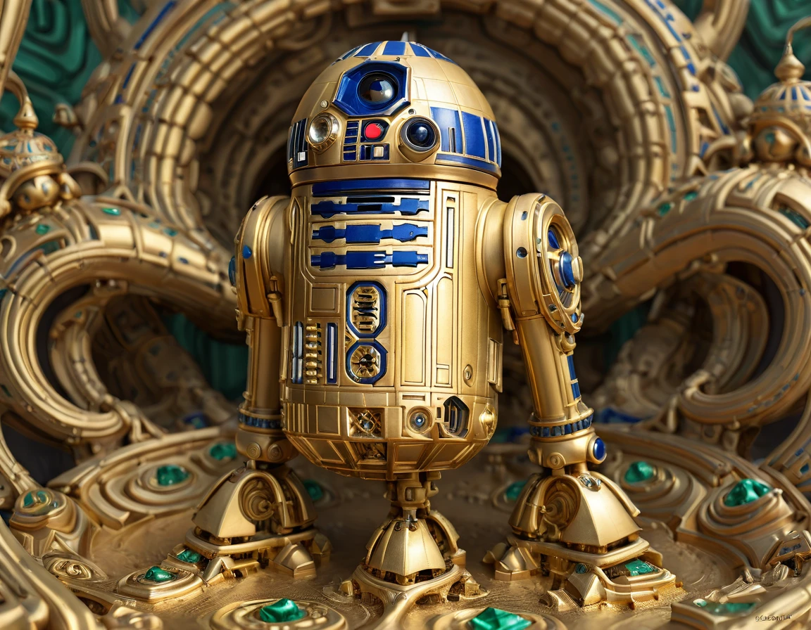 "watercolor painting (R2D2:0.9) m3d . vibrant, beautiful, painterly, detailed, textural, artistic", "(R2D2:0.9) m3d, extremely ornate metallic gold pipes, R2D20.5,, emeralds, diamonds, swirling silver-colored silk fabric. futuristic elements. Very very very elegant, hyperrealistic, fine-face, artstation trending, smooth, takato yamamoto"