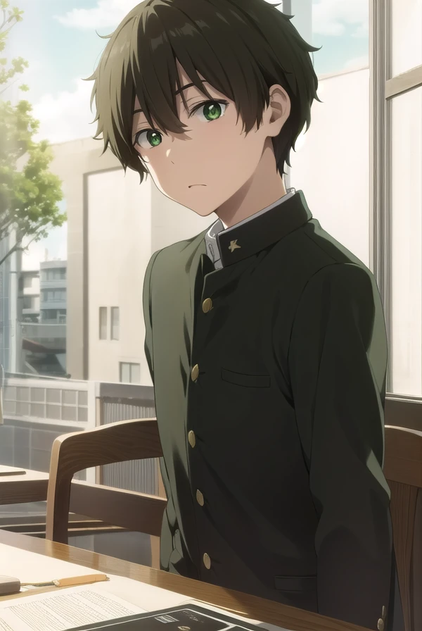 houtarouoreki, <lora:houtarou oreki s1-lora-nochekaiser:1>,
houtarou oreki, short hair, bangs, black hair, hair between eyes, (green eyes:1.5), male focus,
BREAK school uniform, gakuran,
BREAK indoors, classroom,
BREAK looking at viewer, (cowboy shot:1.5),
BREAK <lyco:GoodHands-beta2:1>, (masterpiece:1.2), best quality, high resolution, unity 8k wallpaper, (illustration:0.8), (beautiful detailed eyes:1.6), extremely detailed face, perfect lighting, extremely detailed CG, (perfect hands, perfect anatomy),