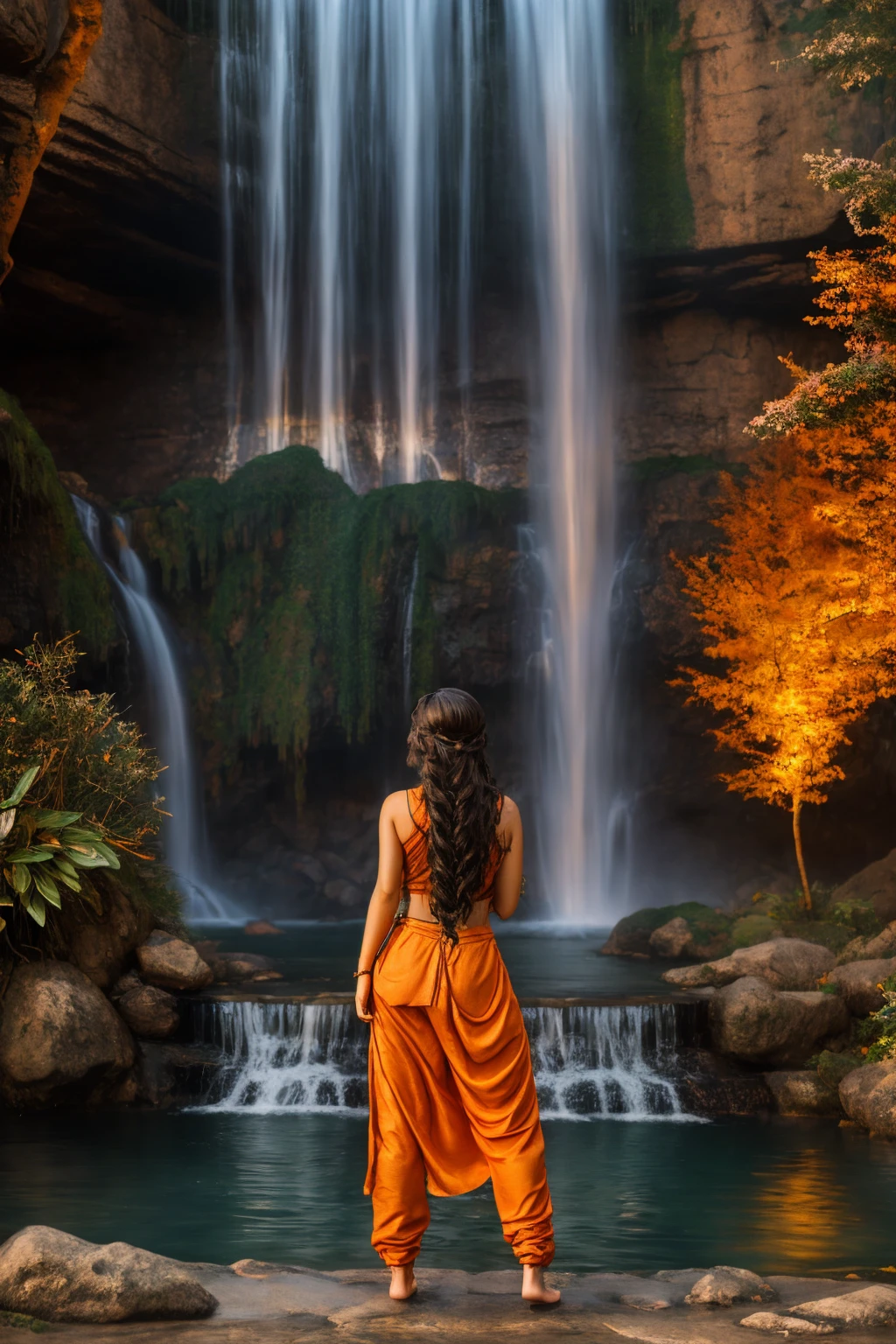 <lora:Thai_pants_v1-000009:1> masterpiece of photorealism, photorealistic highly detailed 8k photography, best cinematic quality, volumetric lighting and shadows, waterfall braid orange young woman in thpnt, Glowing City Skylines Panning Shot of a Majestic Waterfall