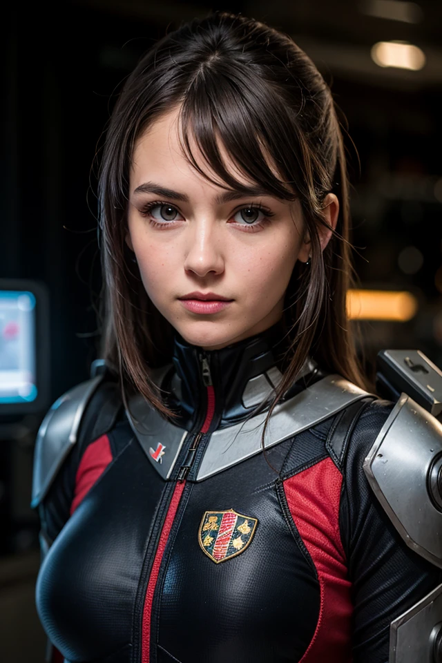 1 european woman in combat clothes,cute,black battle suit, sci-fi, closeup portrait photo,