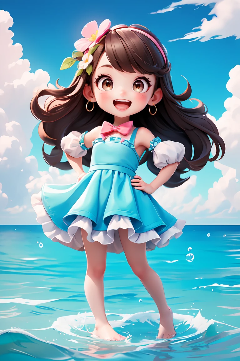 masterpiece,best quality,dramatic, 1girl, solo, long hair, brown hair, detached sleeves, open mouth, smile, outdoors, water, sky, day, hand on hip, hair ornament, pointing, cloud, ocean, dress, blush, blue dress, wading, blue sky, bow, standing, :d, frills, beach, bangs, barefoot, hair flower, skirt, ^_^, facing viewer, bowtie, teeth, <lora:GoodHands-beta2:1>