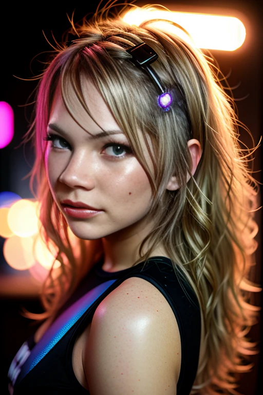 mich3113wi11am5, blonde hair, hazel eyes, wearing holographic cyberpunk clothing, surrounded by neon-lit cityscape reflections, vray render, ray tracing, subsurface scattering, by Josan Gonzalez and Liang Mark (upper body shot), (looking at viewer:1.3), (hyper realistic:1.3), (portrait:1.2), highly detailed eyes, (highly detailed skin:1.3), (freckles:0.6), pores, (4k), back lit, rim light, <lora:Michelle_Williams_PMv1_Lora:1.3>,