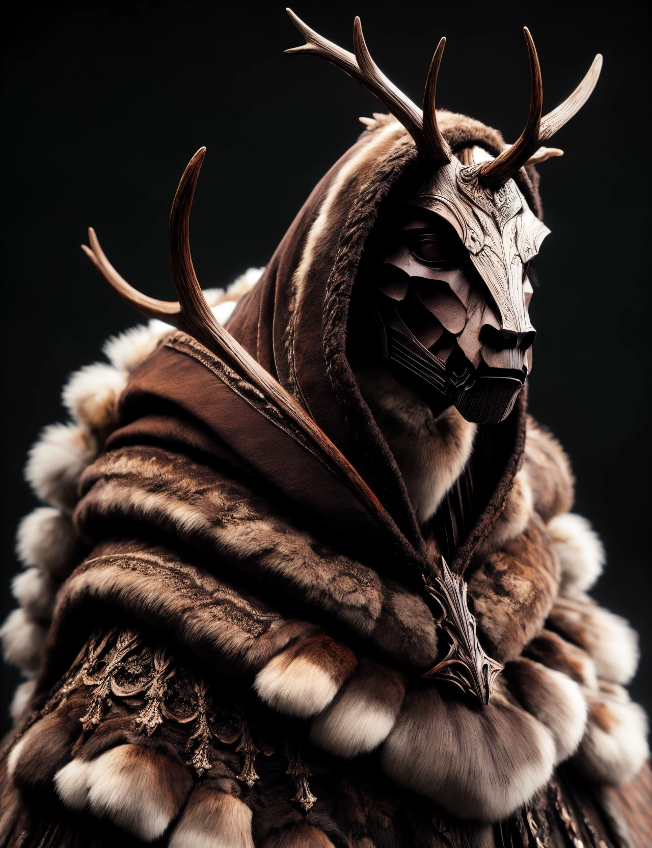 hyper detailed masterpiece, dynamic, awesome quality, DonMR31nd33r, ogre, headless humanoid figure, carries head in one hand, neck stump, dark shadowy hooded attire, riding a horse or carriage, whip made from human spine, harbinger of death, mournful expression mysterious foreboding aura <lora:DonMR31nd33r:0.8>