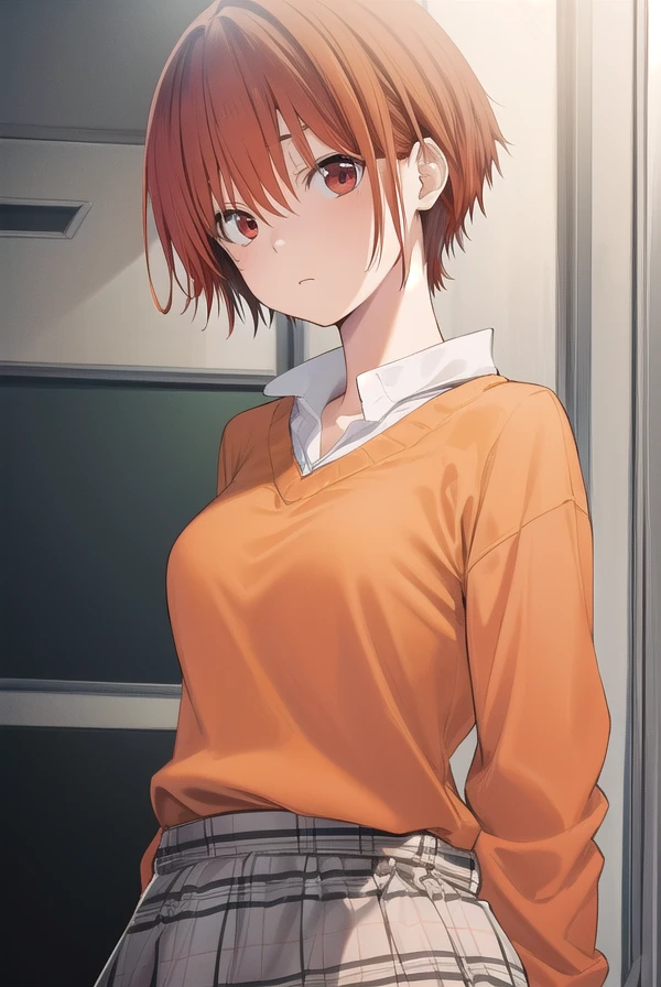 tomonanba, <lora:tomo nanba manga-lora-nochekaiser:1>,
tomo nanba, short hair, (red hair:1.5), (red eyes:1.3),
BREAK skirt, plaid, plaid skirt, sweater, long sleeves, shirt, white shirt, collared shirt, (orange sweater:1.5),
BREAK indoors, classroom,
BREAK looking at viewer, (cowboy shot:1.5),
BREAK <lyco:GoodHands-beta2:1>, (masterpiece:1.2), best quality, high resolution, unity 8k wallpaper, (illustration:0.8), (beautiful detailed eyes:1.6), extremely detailed face, perfect lighting, extremely detailed CG, (perfect hands, perfect anatomy),