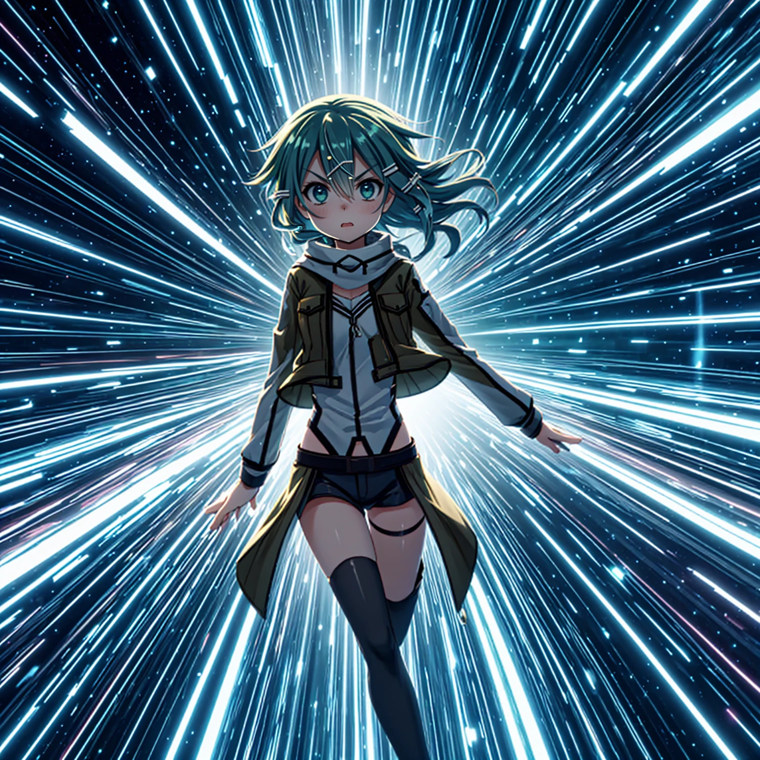 <lora:LCM_LoRA_Weights_SD15:1>,masterpiece,best quality,highly detailed,1girl,solo,serious,concentrating,v-shaped eyebrows,
<lora:sinon_v5:0.75>,sinon1,scarf,fingerless gloves,long sleeves,short shorts,hair ornament,hairclip,green thighhighs,green jacket,thigh strap,
BREAK
<lora:warp:0.6>,(warp,floating,warp space,motion lines,vanishing point,light rays,),motion blur,cowboy shot,gradient background,reaching,looking at viewer,